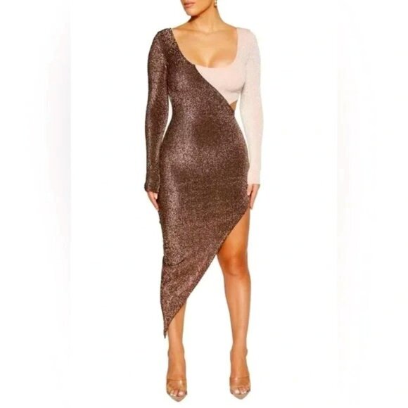 NEW Naked Wardrobe Dress Womens Size XS Brown Pink Cutout Long Sleeve Side Slit - Picture 16 of 16